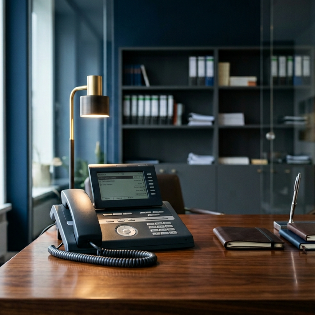 Empfang der Kanzlei: Schreibtischperspektive mit Telefon für Termin und Rückruf